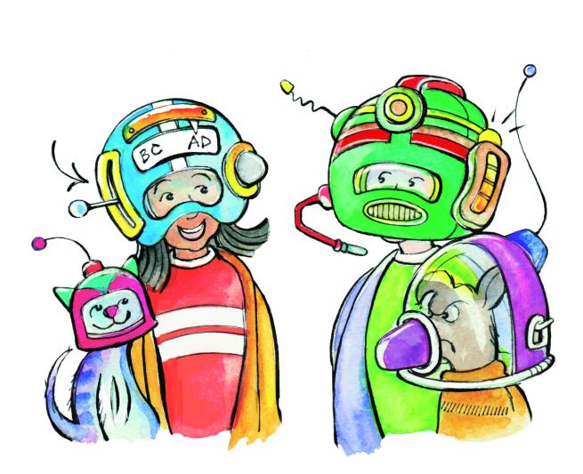 Two young time travellers accompanied by their pets, a cat and a dog. All are wearing high-tech time travellers helmets. The dog scowls at the cat who appears not to notice.