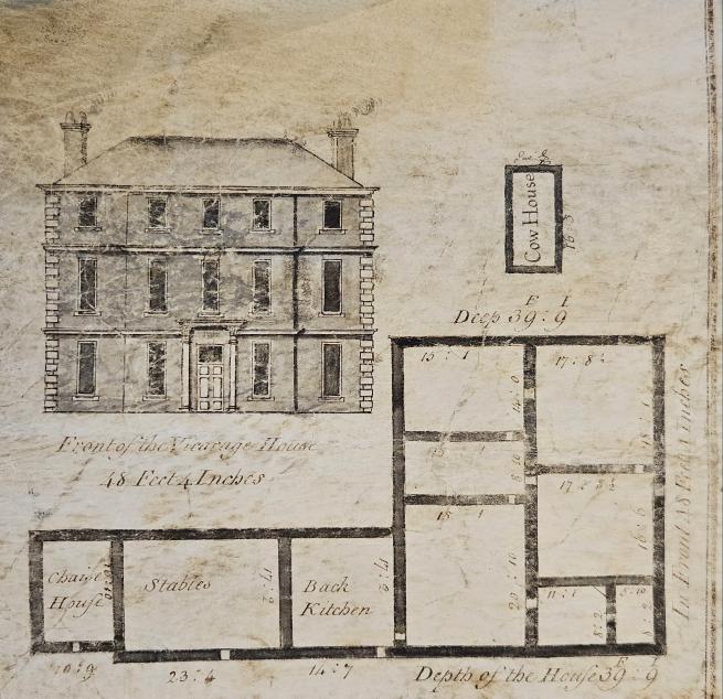 Shows a hand drawn block plan of the rooms inside the old Leeds Vicarage.  In the top left corner there is a 2d drawing of the front of the building.