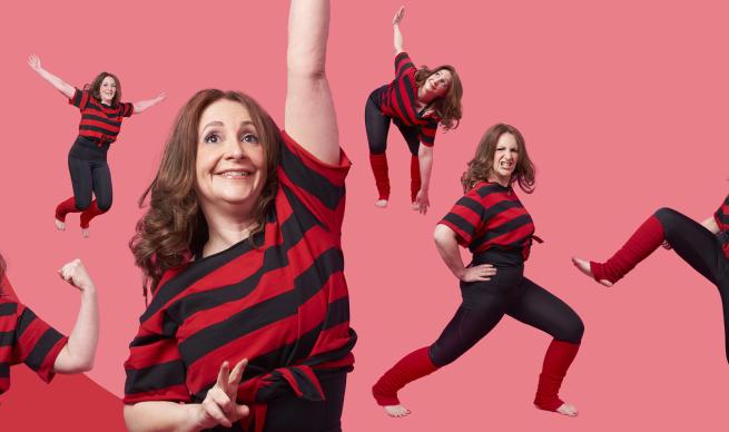 Several images of Lucy Porter wearing a red and black striped top similar to that of Dennis the Menace from out of The Beano, she is doing several exercises eg squats jumps toe touches and lunges all while pulling funny faces. she's very very funny!