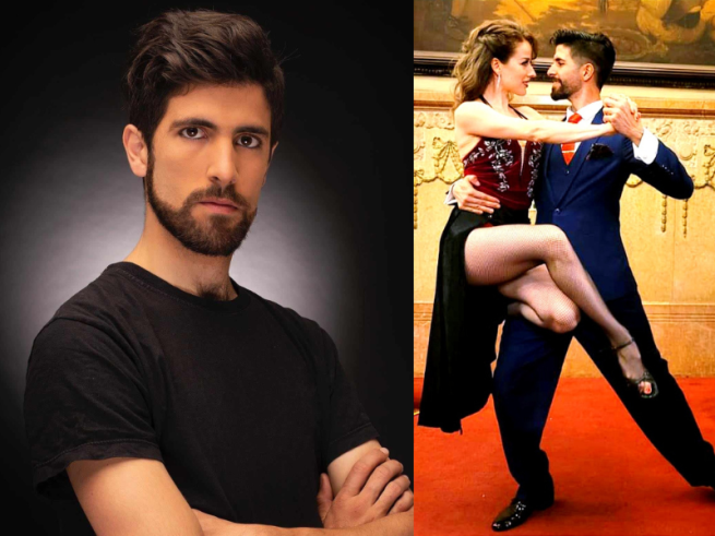 2 photos, one is a headshot of Marcelino Fernandez & the other of him dancing the tango with a partner