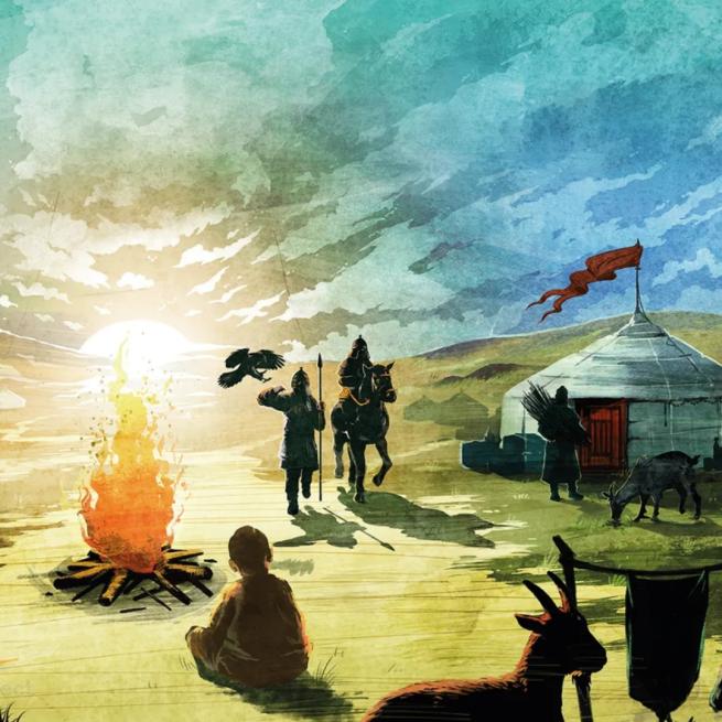 Illustration of Mongolian Steppe landscape 