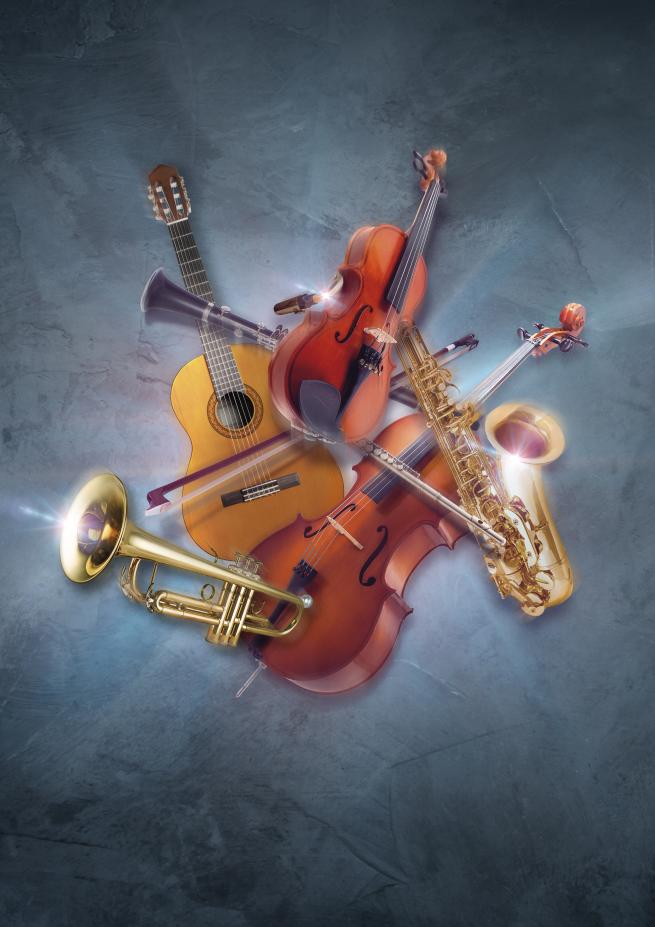 A collection of instruments including guitar, flute, clarinet, violin, saxophone and trumpet.