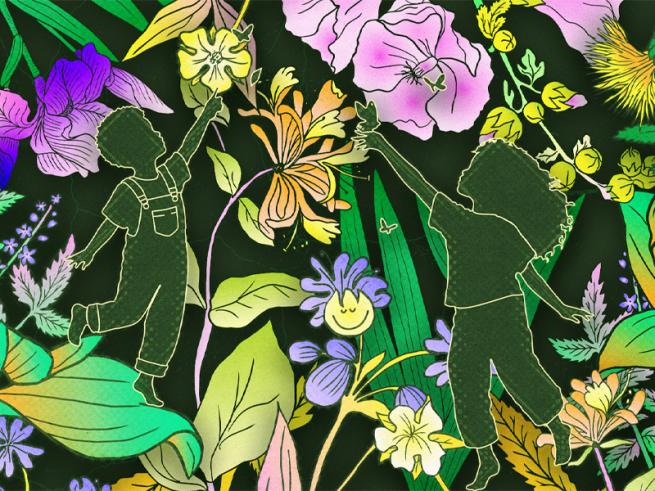 Illustration of whimsical plants with two silhouettes of children pointing