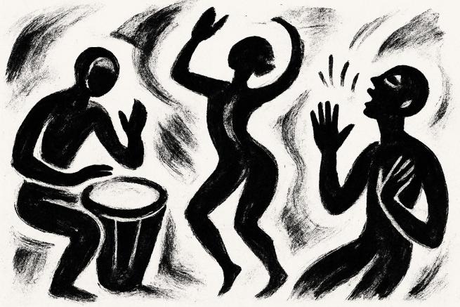 a image in black paint on a white background, of 3 figures, dancing to one of them on drums