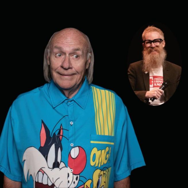 Mick Miller wears a loud shirt featuring Looney Toons characters and looks to the side, along with a small image of Ryan Gleeson candidly smiling with a microphone.