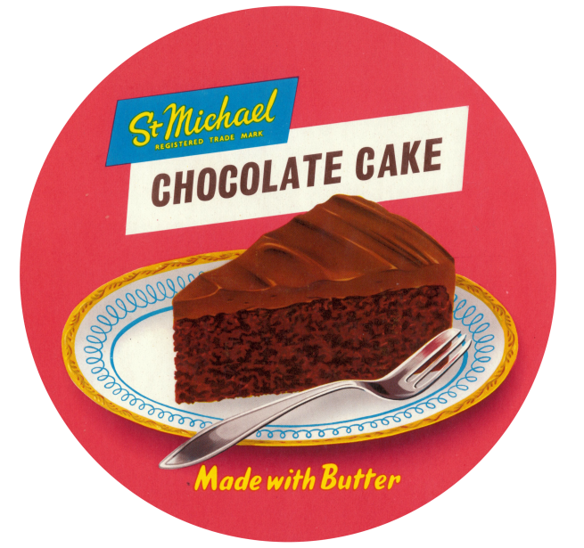 Colourful printed advert for chocolate cake