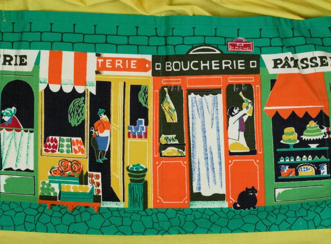 Colourful printed fabric featuring a French high street design