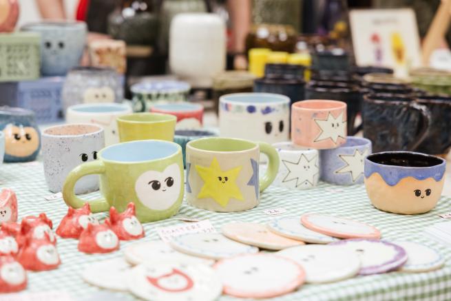A selection of pots on a stall, made by members of sunken studio.