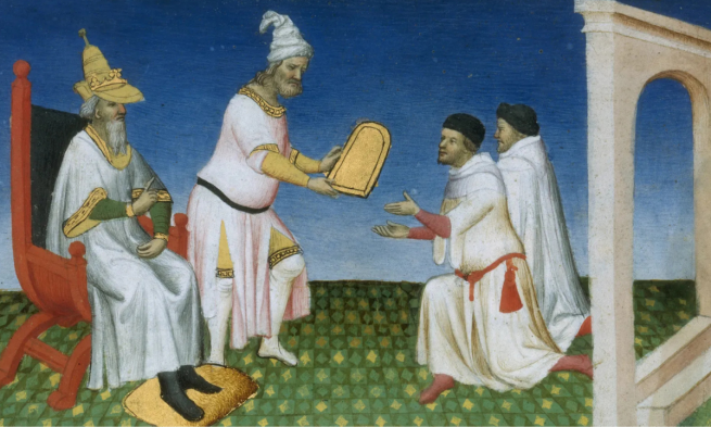 Kublai Khan giving a gold laissez-passer to the Polo brothers. MS BNF Français 2810 f. 3v