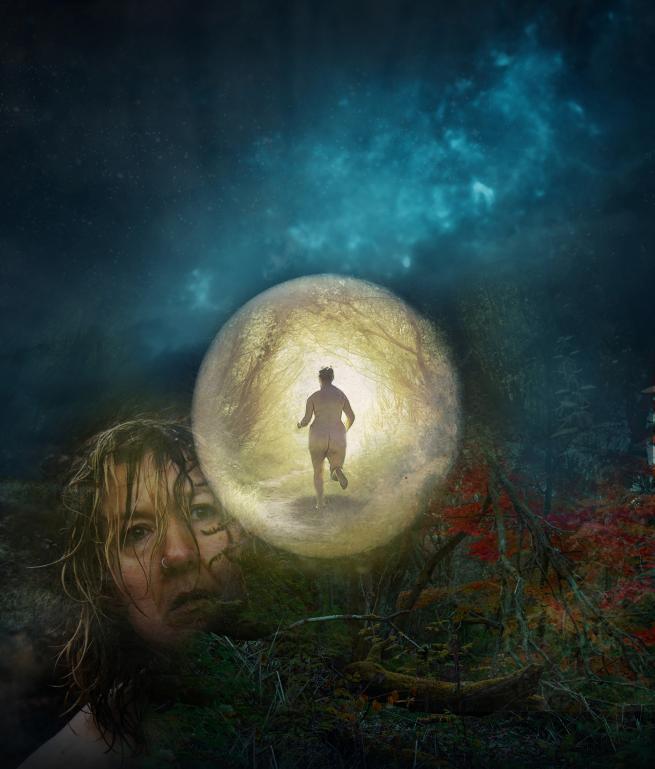 A naked woman running into the Moonlight