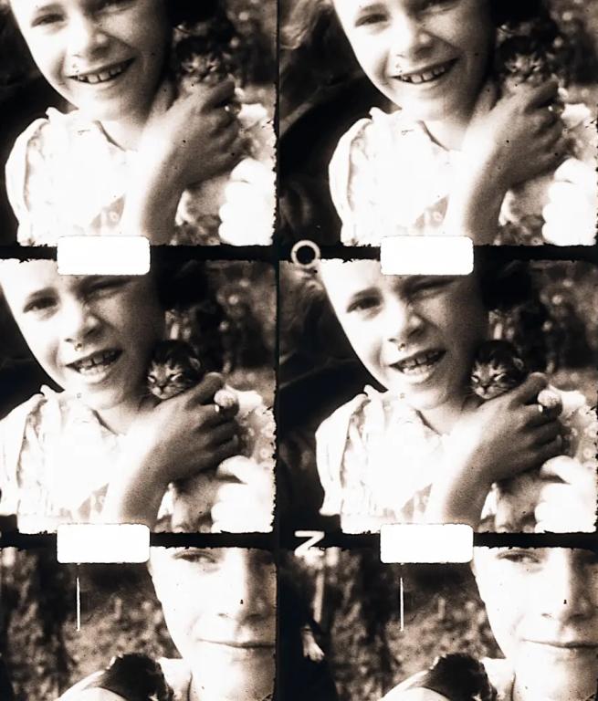 A selection of 6 film stills from a black and white analog film featuring a young girl holding a kitten and smiling into the camera