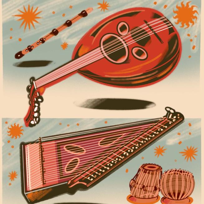 Patterned illustrated image of Arabic instruments.