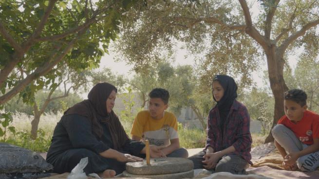 A Palestinian woman with three children sat under an olive tree