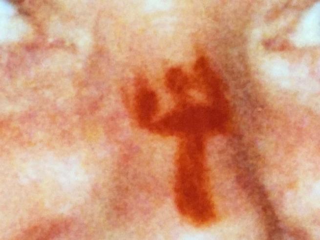 Red fork painted on nose