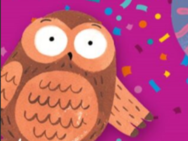 A brown cartoon owl against a purple backdrop with colourful confetti