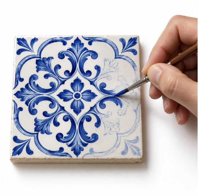 Image of person painting Portuguese tile