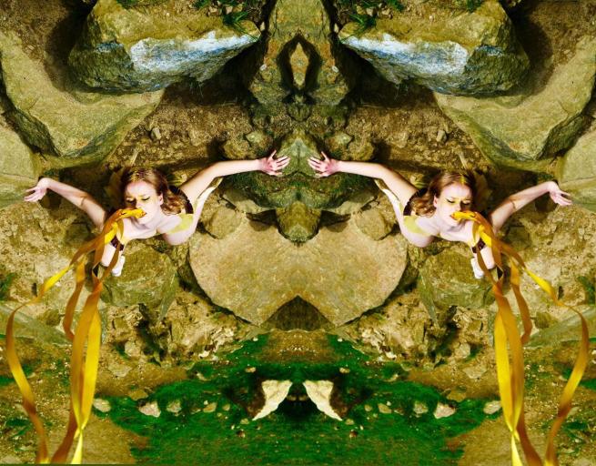A distorted image of a figure in nature, laid back with yellow ribbons falling from their mouth.