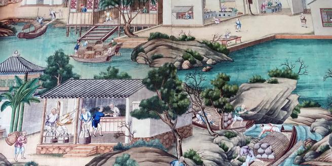 A scene of tea production from the Chinese wallpaper in the East Bedroom at Harewood House.