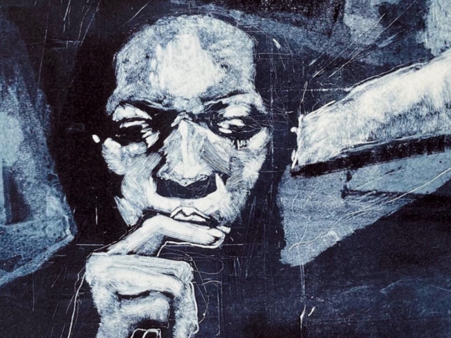 A stylised portrait print in black and white