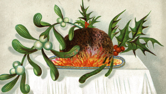 Old-style illustration of a Christmas Pudding, adorned with mistletoe and holly, lit on fire.