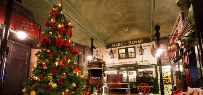 A view of Abbey House Museum's Victorian Street, complete with centrally positioned Christmas tree