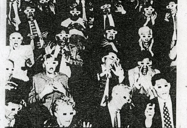 Newspaper image of a cinema audience wearing 3D glasses
