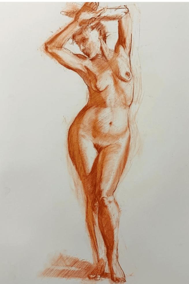 Sketched picture of life model posing with arms behind her head