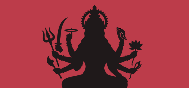 Black silhouette of the Hindu Goddess Durga against a red background