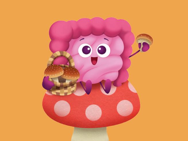 Cartoon intestine sat on top of a toadstool, holding a basket full of mushrooms/
