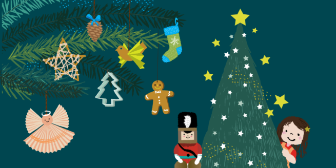 Christmas baubles like gingerbreadmen, paper angels and stocking hanging from branches