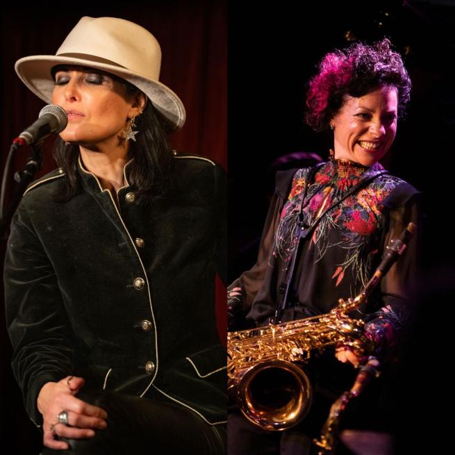 On the left, image of Jo Harrop singing into a microphone on-stage. On the right, image of Hannah Horton smiling candidly and playing a saxophone.
