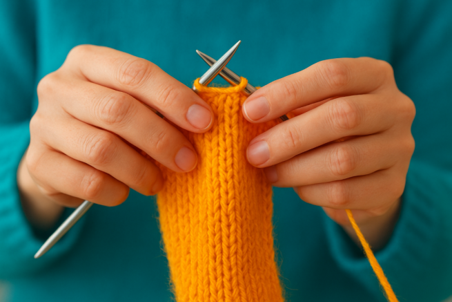 Close up shot of hands using knitting needles.