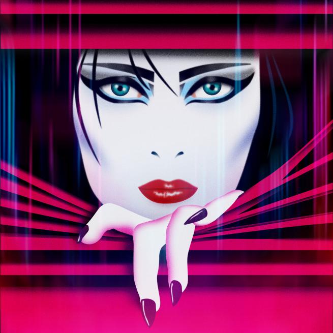80's girl looking through a neon blind