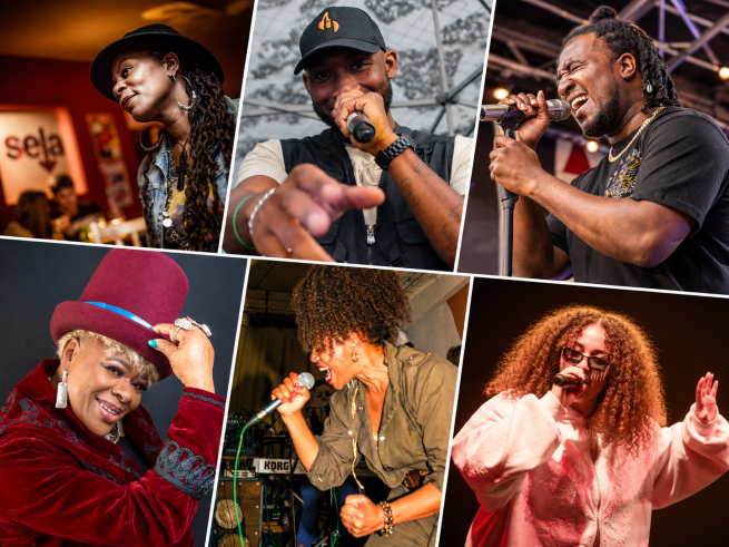 Photo montage of six performers featuring colourful portraits and energetic live music performances with singers and rappers holding microphones.