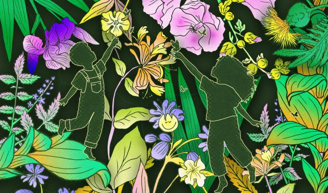 an illustrated image of children playing amongst flowers in an abstract pattern