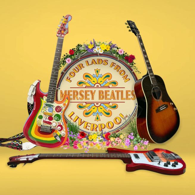 Elaborately designed drum covered in flowers, with a colourful electric guitar and brown acoustic guitar resting on it either side, with one laid out in front. Text on the drum reads: Four lads from Liverpool. Mersey Beatles.