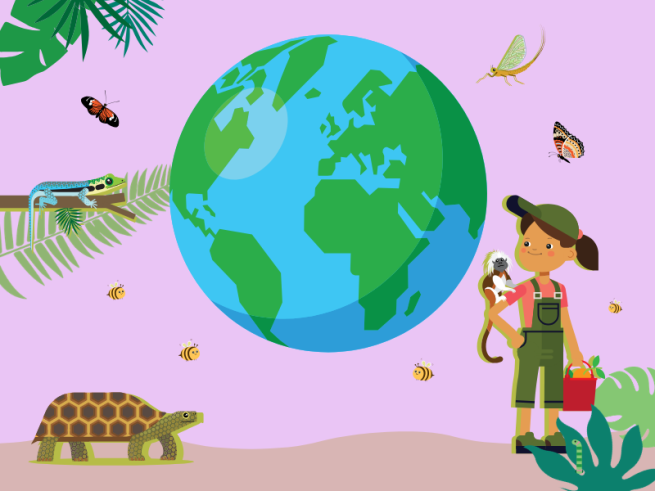 Illustration of an explorer looking at the world, surrounded by animals