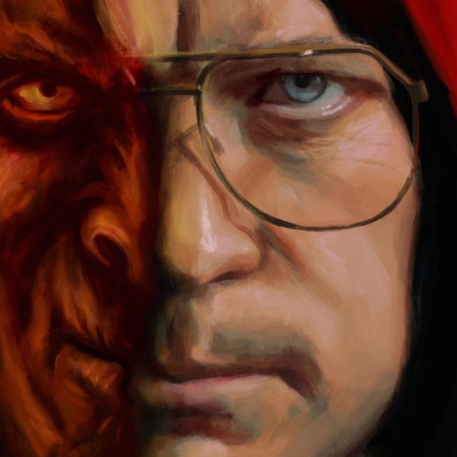 Garth Marenghi in a red hood surrounded by fire.