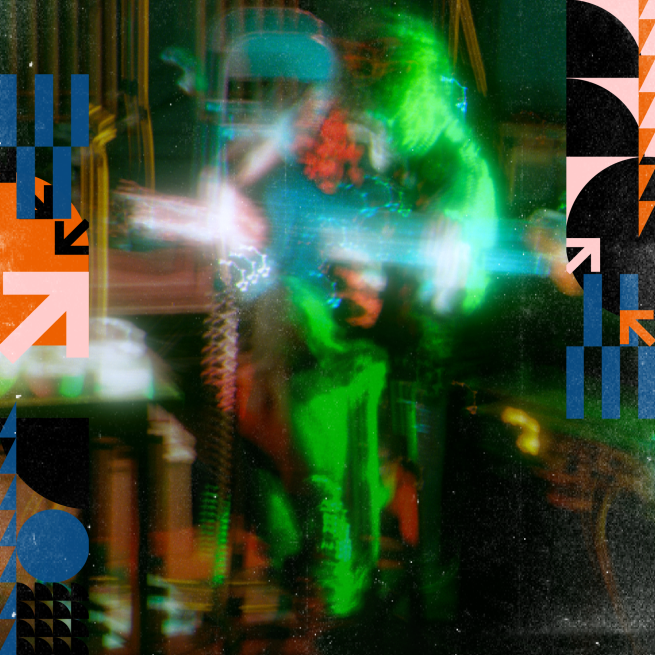 A blurred image of a musician performing.