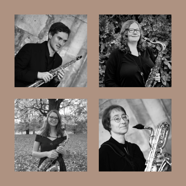 Four individual portraits in black and white, there are three women and one man all holding Saxomophones of different sizes