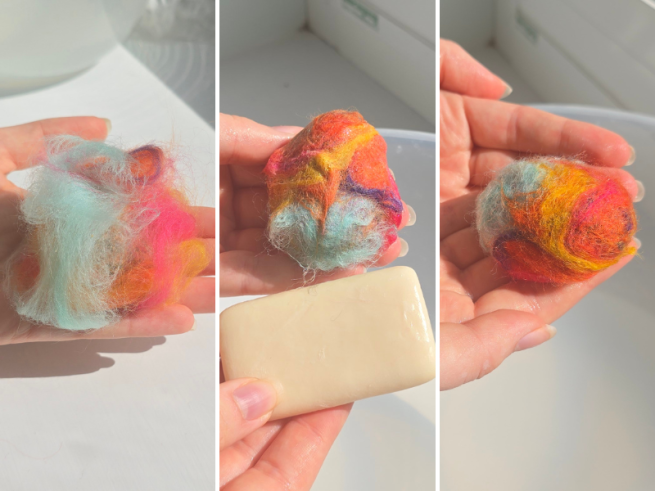 Three photographs showing the process of stone felting, from a ball of colourful felt strands held in a hand, to rubbing with soap and water, to a solid felted stone.