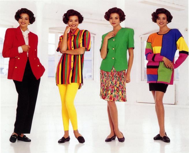 A model poses in four different outfits in bold colours