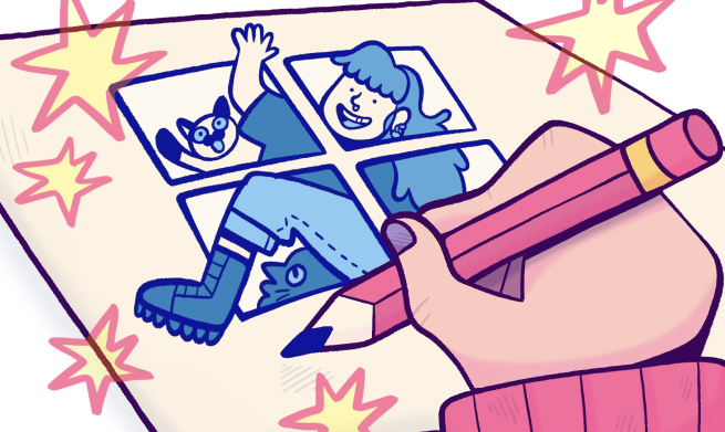 An illustration of someone drawing a person and cat in a square window.