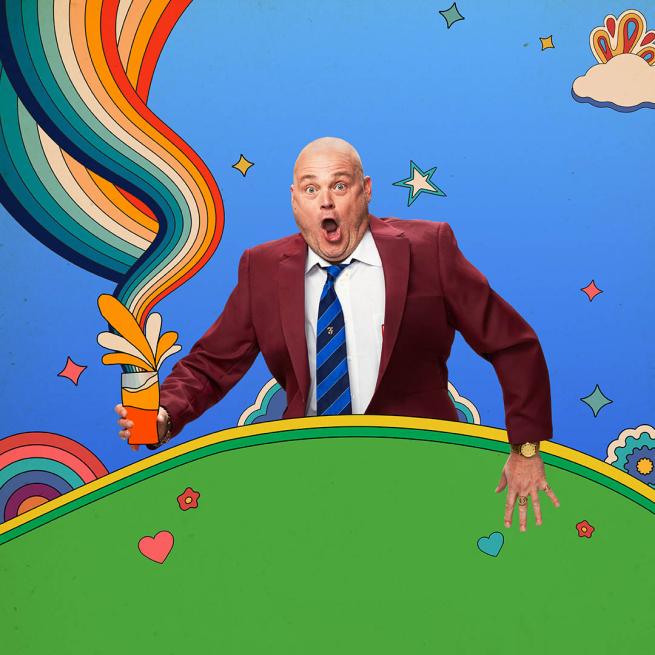 Al Murray in a maroon suit incorporated into a bright and colourful cartoon image. He's holding on to a cartoon pint.