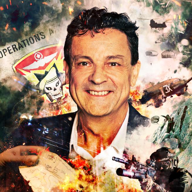 A smiling Damien Lewis is set against a backdrop of explosions, aircraft and wartime documents.