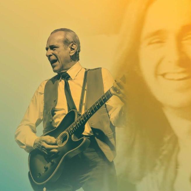 Green and yellow tinted image of Francis Rossi wearing a shirt, tie, and waistcoat, playing a guitar, in front of a faint photo of his younger self, smiling with long hair.