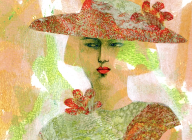 A stylised print of a woman in a red hat