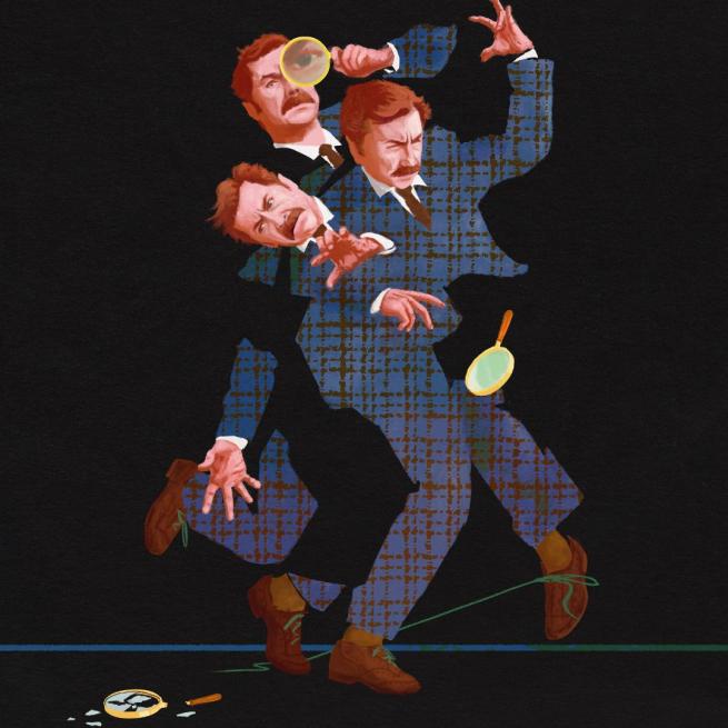 Surreal cartoon illustration of Mike Wozniak in three stages of dropping a magnifying glass. The image texture is of a blue plaid suit.