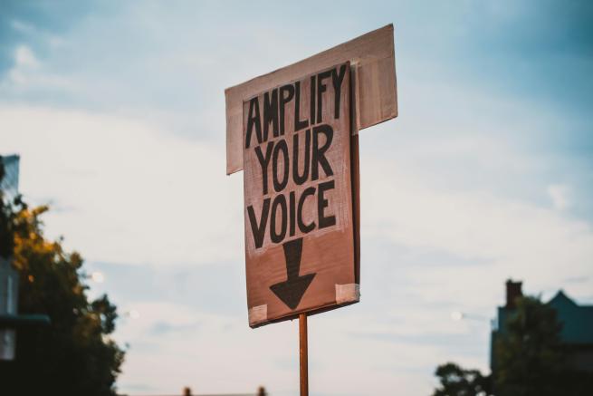 "Amplify your voice" is written on a wooden sign, held high against a background of the sky.