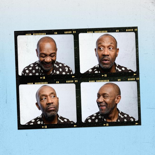 Celluloid strip of four photos with Lenny Henry in a polka dot shirt, looking pensive and laughing in different candid poses.